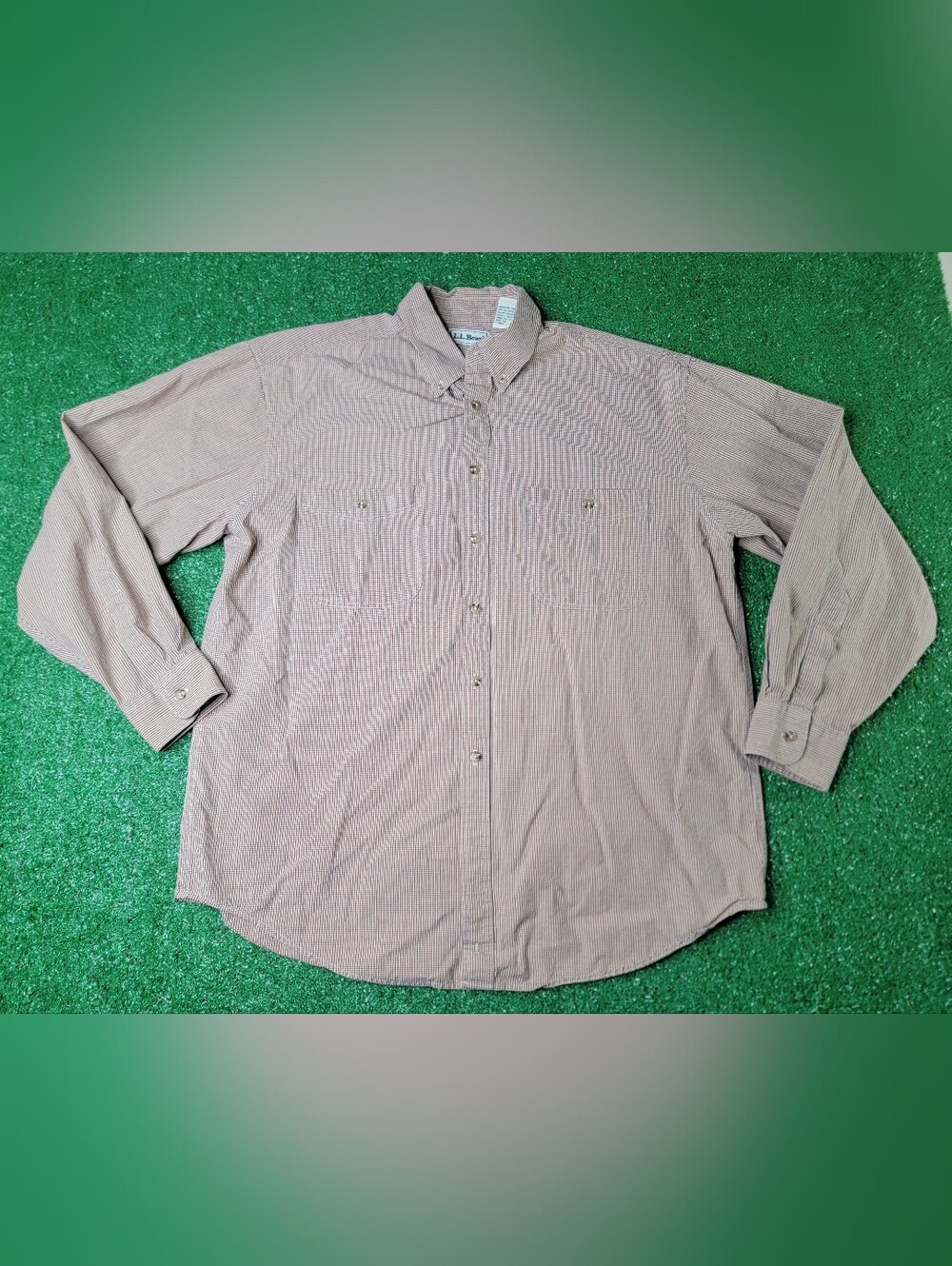 L Bean Micro Check Button Down Long Sleeve Men's Dual Pocket Shirt Large Brown